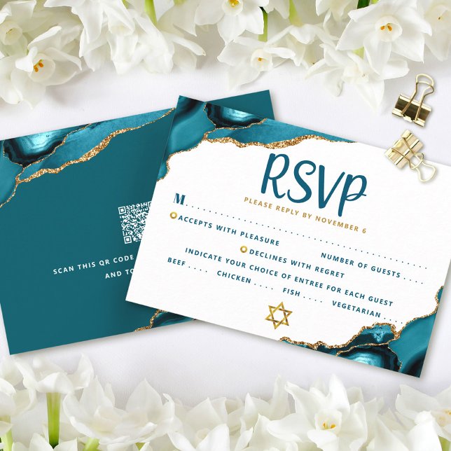 QR Code Bat Mitzvah Turquoise Agate Bold RSVP Card (Creator Uploaded)