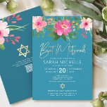 QR Code Bat Mitzvah Turquoise Floral Gold Script Invitation<br><div class="desc">Be proud, rejoice and showcase this milestone of your favourite Bat Mitzvah! Send out this stunning, modern, sophisticated personalised QR code invitation for an event to remember. A chic, stunning, pink and peach floral watercolor with faux gold foil script and modern white sans serif typography overlay a dusty turquoise teal...</div>