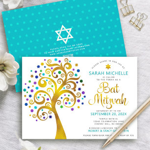 QR Code Bat Mitzvah Turquoise Gold Tree of Life Invitation