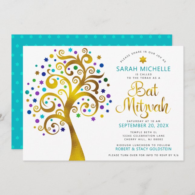 QR Code Bat Mitzvah Turquoise Gold Tree of Life Invitation (Front/Back)