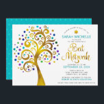 QR Code Bat Mitzvah Turquoise Gold Tree of Life Invitation<br><div class="desc">Be proud, rejoice and showcase this milestone of your favourite Bat Mitzvah! Send out this bold, modern, personalised QR code invitation for an event to remember. A fun, graphic faux gold foil tree with sparkly turquoise, teal, purple and blue Star of David and dot “leaves”, faux gold foil calligraphy script...</div>