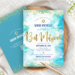 QR Code Bat Mitzvah Turquoise Watercolor Gold Foil Invitation<br><div class="desc">Be proud, rejoice and showcase this milestone of your favourite Bat Mitzvah! Send out this stunning, modern, personalised QR code invitation for an event to remember. Sparkly faux gold foil script, glitter dots, Star of David and handwritten script typography overlay a turquoise watercolor background. On the back, additional gold glitter...</div>