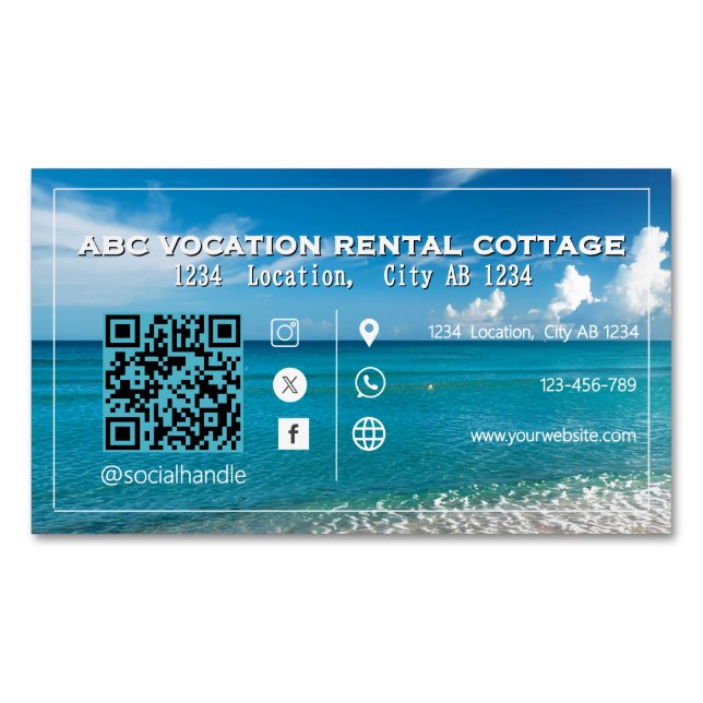 QR Code Beach Elegant Spa Travel  Magnetic Business Card (Front)