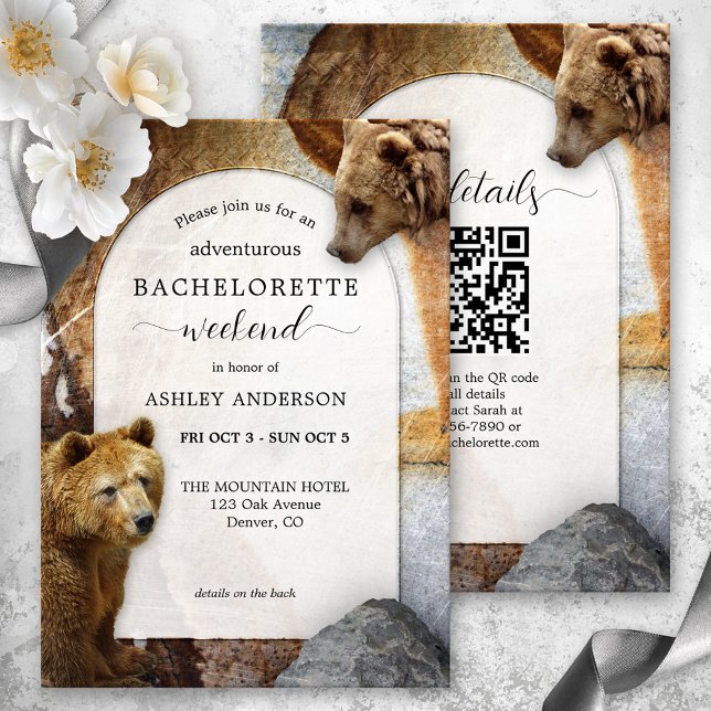 QR Code Bear Mountain Bachelorette Weekend Invitation (Bachelorette weekend invitation featuring two bears on an industrial design background with granite )