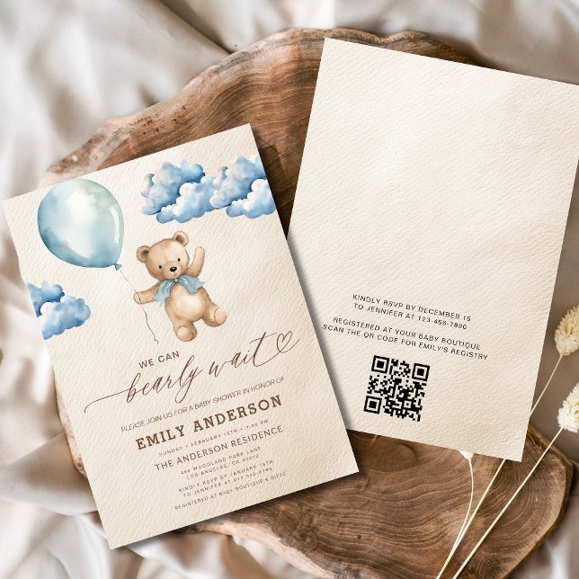 QR Code Bearly Wait Blue Boy Baby Shower Invitation (Creator Uploaded)
