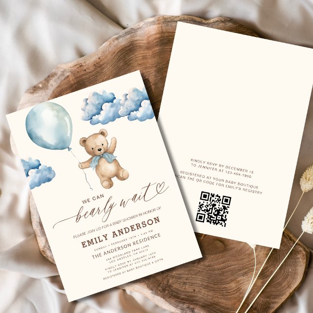 QR Code Bearly Wait Blue Boy Baby Shower Invitation (Creator Uploaded)