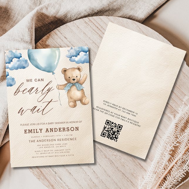 QR Code Bearly Wait Blue Boy Baby Shower Invitation (Creator Uploaded)