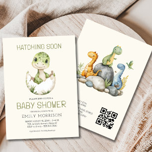 QR Code Beige Dinosaur Hatching Soon Baby Shower Invitation