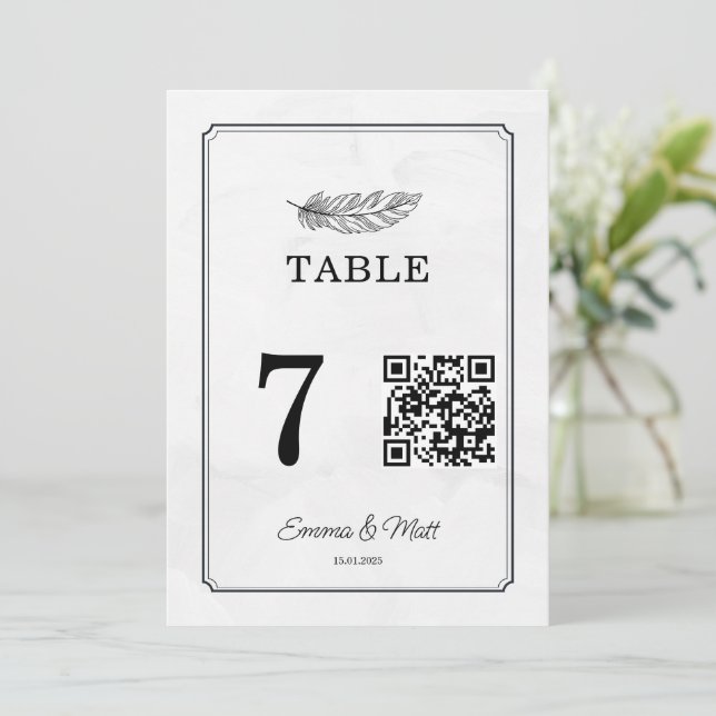 QR Code Beige Elegant Wedding Table Number Card (Standing Front)