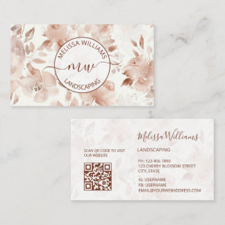 QR Code |  Beige Watercolor Roses  | Logo Business Card