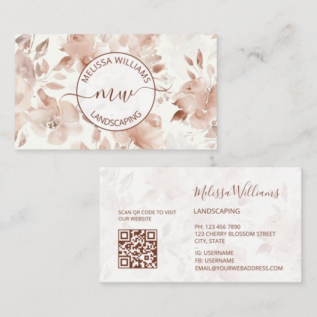 QR Code |  Beige Watercolor Roses  | Logo Business Card (Front/Back)