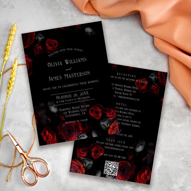 QR Code Black and Red Floral All in One Wedding Invitation (Creator Uploaded)