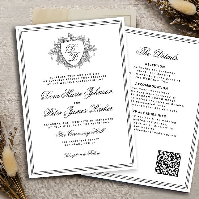 QR code black and white crest monogram wedding Invitation (Creator Uploaded)