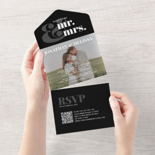 QR code Black and White Overlay Photo Wedding All In One Invitation