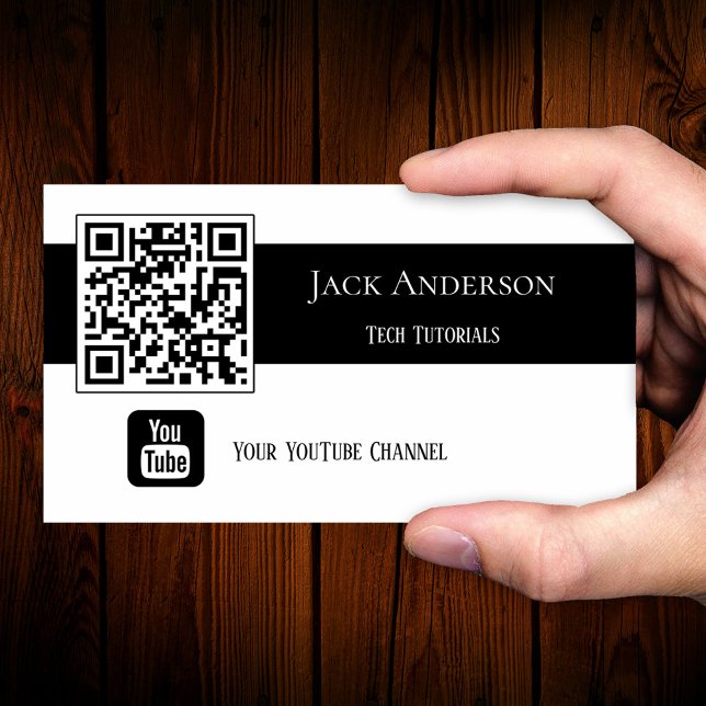 QR Code Black and White Vlogger Business Card (Minimalist business card featuring your photo or QR code and a YouTube logo)