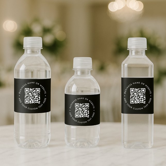 QR Code Black Business Modern Stylish Promotional Water Bottle Label (Interactive editable QR code water bottle label wrap to promote your business, products or services.)