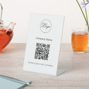 QR Code Black Cafe Menu Logo Modern White Pedestal Sign