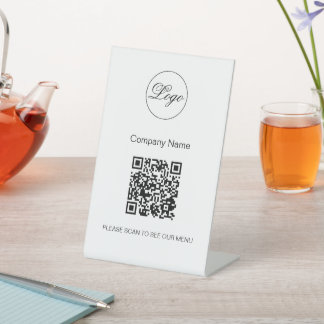 QR Code Black Cafe Menu Logo Modern White Pedestal Sign