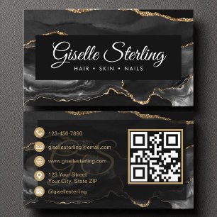 QR Code Black Gold Agate Elegant Luxury  Business Card