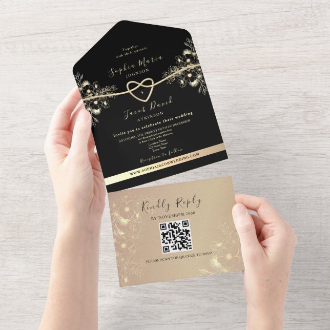 QR Code Black Gold Floral Wedding All In One Invitation (Tearaway)