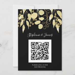 QR Code Black Gold Foliage Wedding Invitation