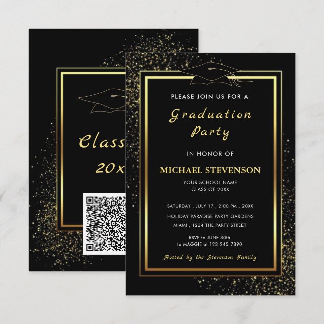 QR Code Black Gold Glitter Graduation Invitations (Front/Back)