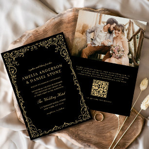 QR Code Black Gold Photo Minimalist Wedding Invitation