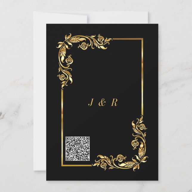 QR Code Black Gold Wedding Invitation Template (Back)