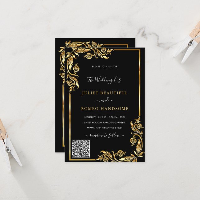 QR Code Black Gold Wedding Invitations Template (Front/Back In Situ)