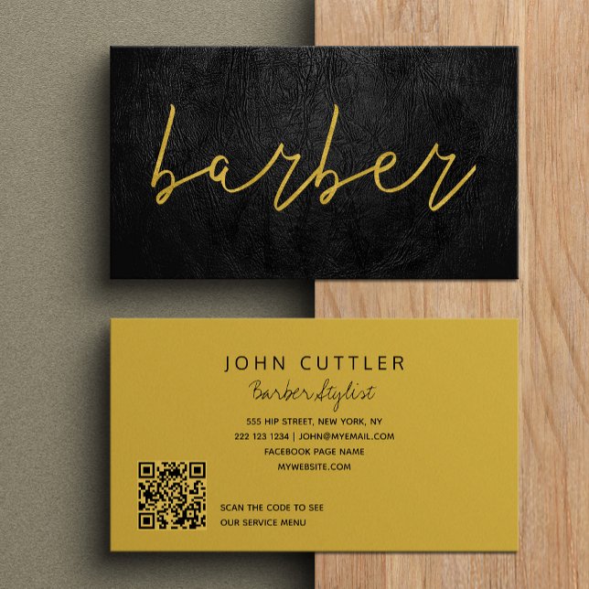 QR CODE black leather barber gold typography Business Card (Creator Uploaded)