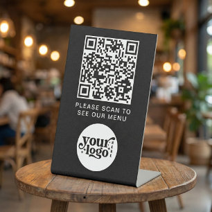 QR Code Black Menu Logo Contactless Modern Cafe Pedestal Sign