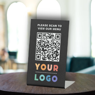 QR Code Black Menu Logo Contactless Modern Cafe Pedestal Sign