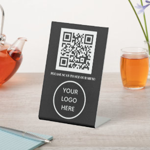 QR Code Black Menu Logo Contactless Modern Cafe Pedestal Sign