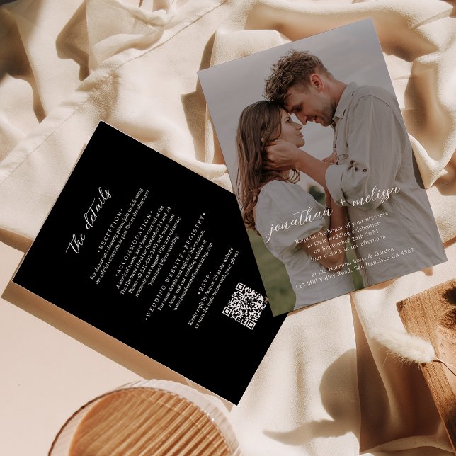 QR code Black Modern Elegant Photo Script Wedding Invitation (Creator Uploaded)