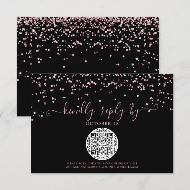 QR Code Black Rose Gold Pink Glitter Wedding RSVP (Front/Back)