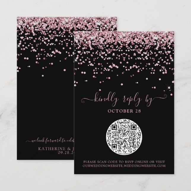 QR Code Black Rose Gold Pink Glitter Wedding RSVP (Front/Back)