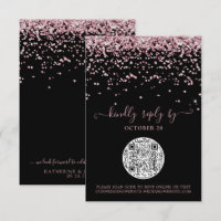 QR Code Black Rose Gold Pink Glitter Wedding RSVP
