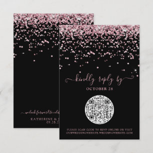 QR Code Black Rose Gold Pink Glitter Wedding RSVP