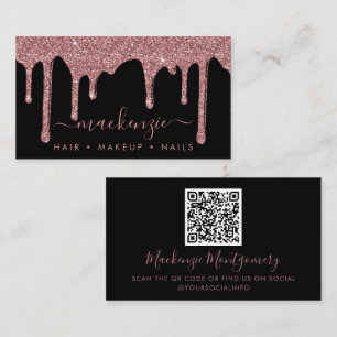 QR Code Black Rose Gold Sparkle Glitter Drips Business Card