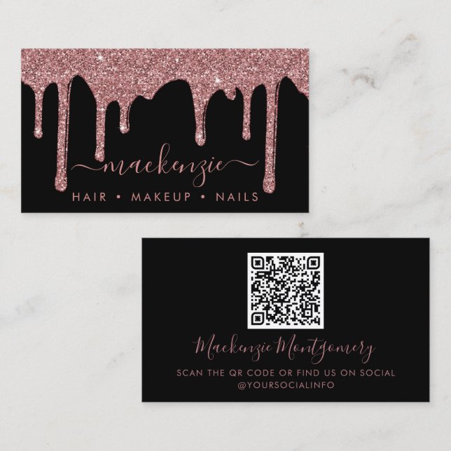 QR Code Black Rose Gold Sparkle Glitter Drips Business Card (Front/Back)