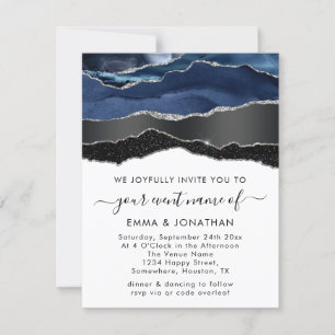 QR Code Black Silver Blu Navy Border Wedding