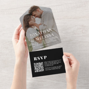 QR Code Black Simple Overlay Photo Wedding All In One Invitation