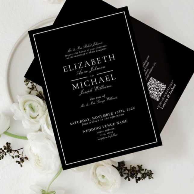 QR Code Black & White Classic Script Wedding Invit Invitation (Creator Uploaded)