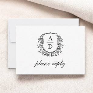 QR Code Black White Crest Monogram Wedding RSVP Card