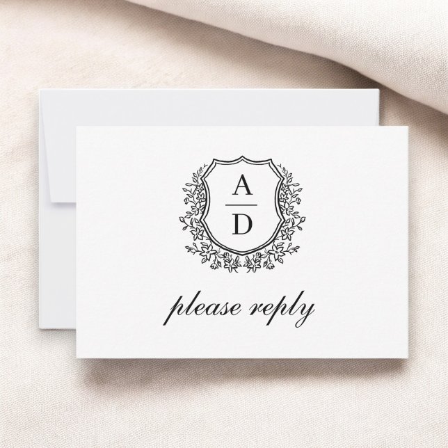 QR Code Black White Crest Monogram Wedding RSVP Card (Creator Uploaded)