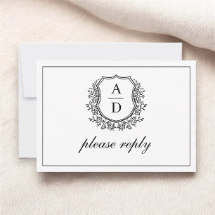 QR Code Black White Crest Monogram Wedding RSVP Card