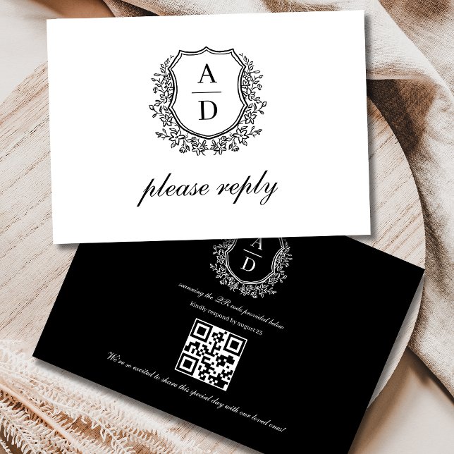 QR Code Black White Crest Monogram Wedding RSVP Card (Creator Uploaded)