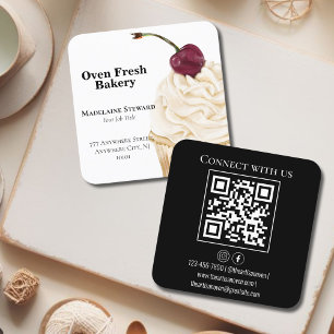 QR Code Black White Cupcake Bakery  Square Business Card