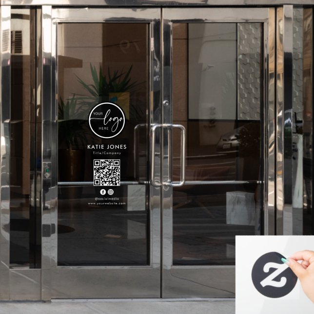 QR Code Black White Custom Logo Connect with Us Window Cling (Office Door)