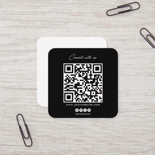 QR Code Black White Follow Scan To Connect With Us Square Business Card (Front/Back In Situ)